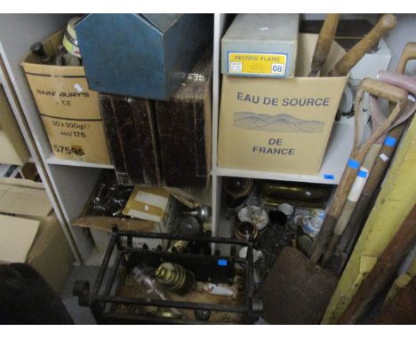 A mixed lot to  include various tools, ceramics, china, a fire grate, light bulbs and other items 