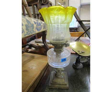 A Victorian Hinks brass oil lamp with clear cut glass reservoir and a Victorian  floral etched  glass shade, ranging from yel