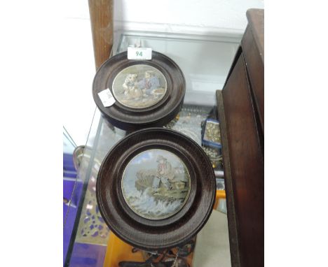 Two ceramic paste pot lids with printed scenery