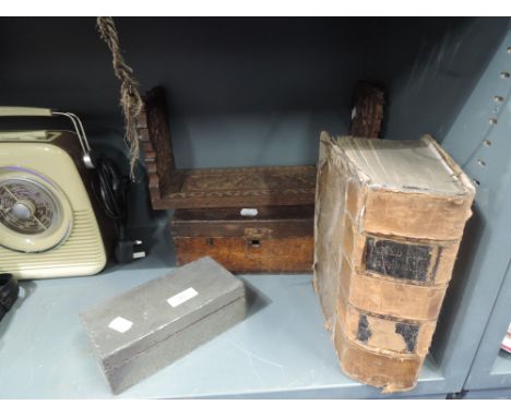A selection of wooden boxes including Indian carved book shelf