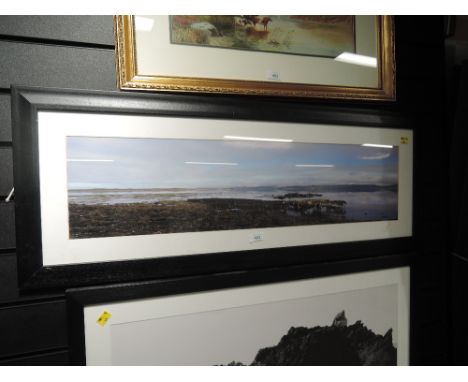 A photographic print of shore line and bay in black frame