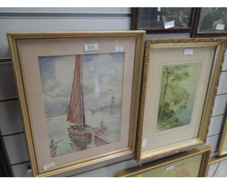 An original water colour of boat in dock and similar print