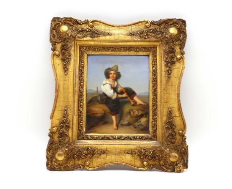 A KPM style porcelain plaque, 19th century, depicting a boy sat on a rock holding a lute, after Penny Williams, panel 18 x 14