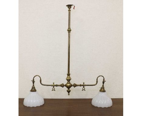 A brass two-branch hanging ceiling light, with a pair of moulded opaline glass shades, 92cm wide104cm highCondition ReportTop