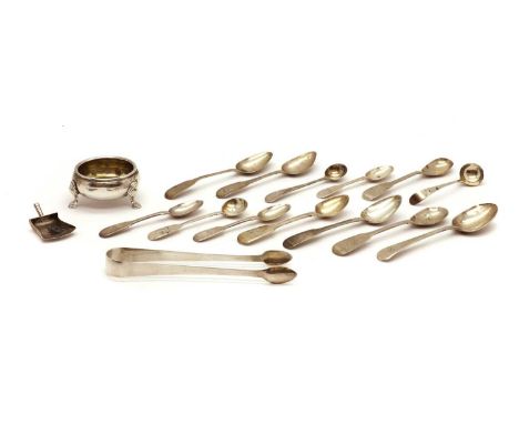 A collection of Georgian silver,to include a pair of Irish teaspoons by Patrick Moore, Dublin 1830, a further pair, a broken 