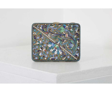 A silver-gilt and cloisonné enamel cigarette case,early 20th century, with maker's mark CK and assayer's mark, of rectangular