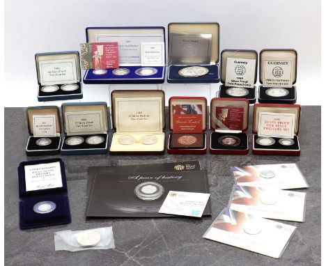 A collection of Royal Mint silver proof piedfort and silver proof coins, comprising a 1982 silver proof piedfort 20p, 2 x 198