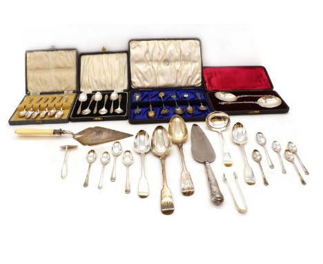 A collection of silver flatware,to include a cased set of Victorian apostle top spoons, London 1894, a cased set of six teasp