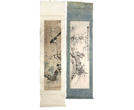 A Chinese hanging scroll,late Qing dynasty, of two magpies among blossoming prunus trees, signed and inscribed by Chen Yuanzh