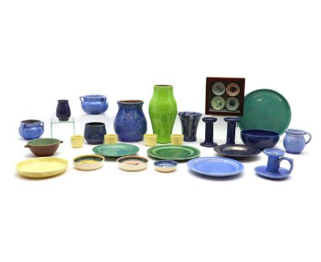 A collection of Barnstaple pottery items late 19th century, to include a green lustreware vase, by W.L Baron, 22cm high, a si