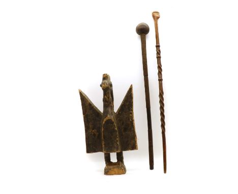 A Senufo People wood carving,West African, of a hornbill bird or sejen, 46cm hightogether with a wood knobkerrie, with wirewo