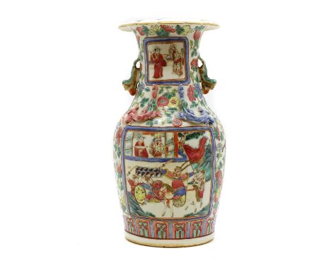 A Chinese Canton enamel porcelain vase,late 19th century, enamelled with panels of figures on horseback,36cm highCondition Re