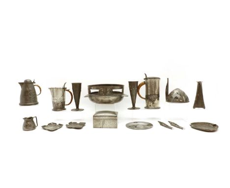 A group of Tudric pewter items,designed by Archibald Knox, comprising a lidded jug, with a cane handle 0281, 20cm high, a sma