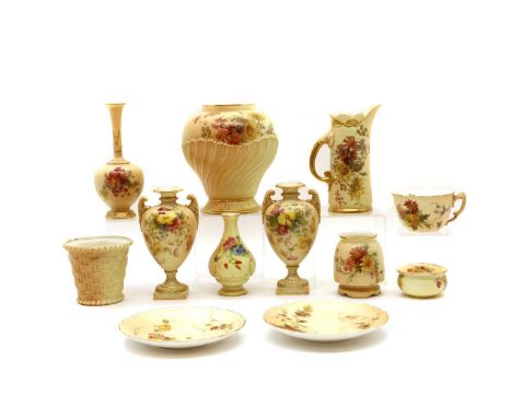 A collection of Royal Worcester blush ivory porcelain,to include a 2120 shape twin-handled vase, decorated with floral sprays