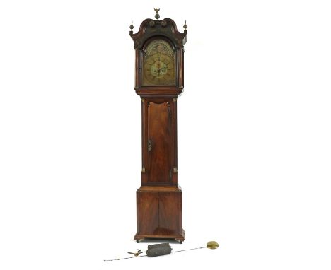 A George III eight-day mahogany longcase clock,by Benjamin Barlow, Oldham, the broken arch hood with swan neck pediment above