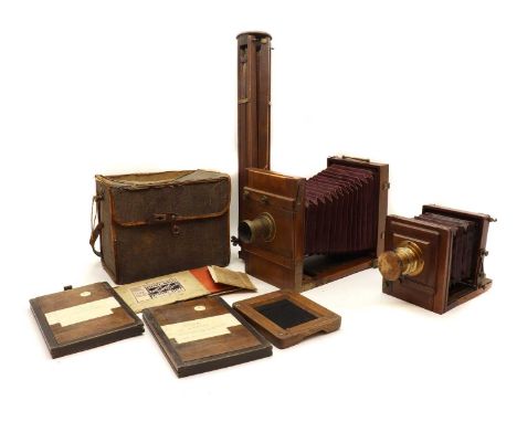 Two Victorian field cameras,  5x7 field camera  Brass Rapid rectilinear f/8 lens. complete with plate/film holder carry case 