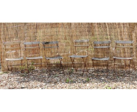 A set six of French iron folding bistro or garden chairs,each with a wooden slatted back and seat,42cm wide44cm deep79cm high