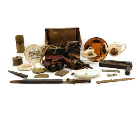 A group of WWI memorabilia, equipment and trench art, to include a Fullerphone Mark III field telephone, a British sword bayo