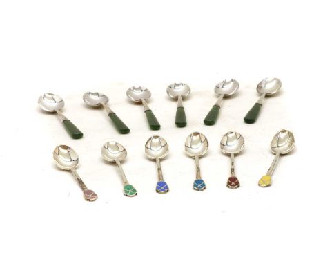 A cased set of six jade and silver teaspoons,marked Sterling,together with a cased set of Art Deco silver and enamel teaspoon