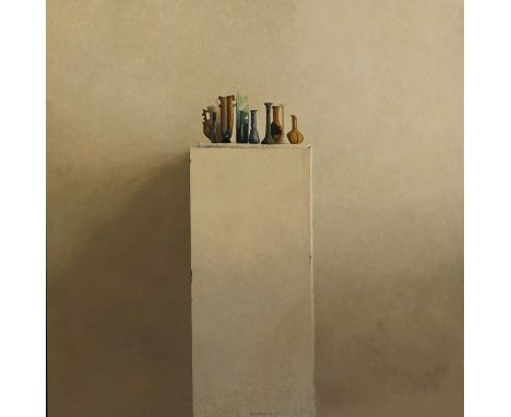 ▴ Pedro Escalona (Spanish, b.1949)A collection of vases on a plinthsigned and dated 'Escalona 00' l.c., oil on board50 x 50cm