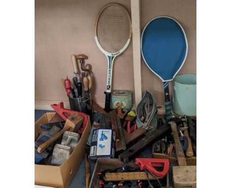 A mixed lot of tools and sport items to include chisels, screwdrivers, clamps, hammer, tennis rackets Location: 