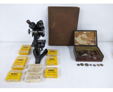 A Victorian box containing a collection of British coins and Coins of the World, along with a Beck vintage microscope with va