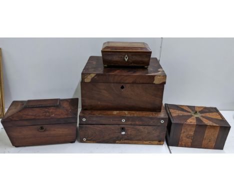 Five 19th century boxes to include a rosewood and mother of pearl inlaid jewellery box, an early 19th century mahogany tea ca