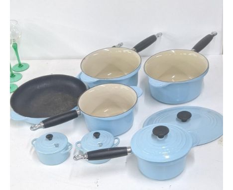 Le Creuset in duck egg blue to include a skillet, pots, a Dutch pot lid, a pair of crème brulee ramekinsLocation: 