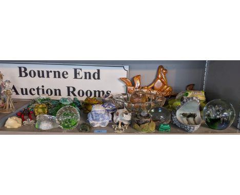 A collection of ceramic, china and glass model frogs, together with glass paperweights and a cut glass bowlLocation: 