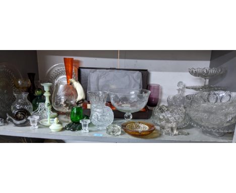 A selection of art and cut glass tableware to include a Victorian opaline and enamelled candlestick and ring holder, boxed We