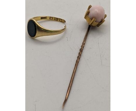 An 18ct gold and bloodstone signet ring A/F 3.2g, together with a yellow metal stick pin tested as 14ct gold set with a pink 