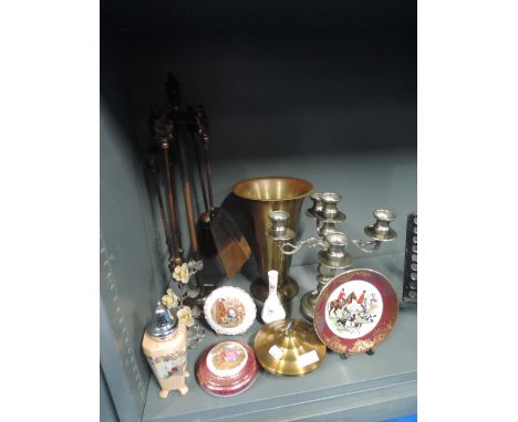 A selection of fire side items and table decorations including candle stick and companion set