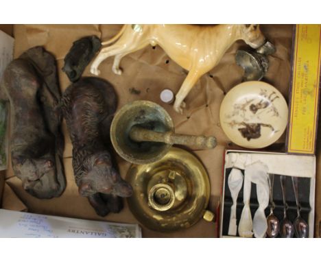 A quantity of miscellaneous items, including a brass chamberstick, model dogs and a Beswick dog, etc.