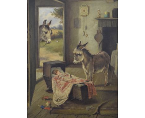 R HUNT, possibly REUBEN HUNT (1857-1938) British, Donkey and Child in an Interior, oil on canvas, signed lower left R Hunt an
