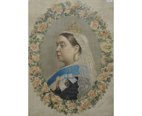 A print of Queen Victoria, framed and glazed and an oil on canvas. The former 62.5 x 84.5 cm. 