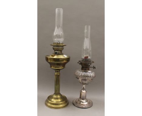 A silver plate and glass oil lamp, and a brass oil lamp. The former 35 high excluding chimney. 