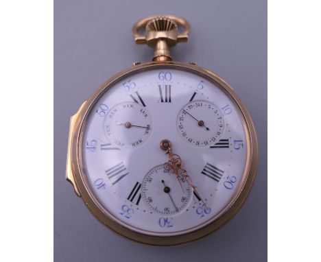 A 19th century French 18 K gold cased multi-dial pocket watch, the white enamelled dial with Arabic and Roman numerals and wi