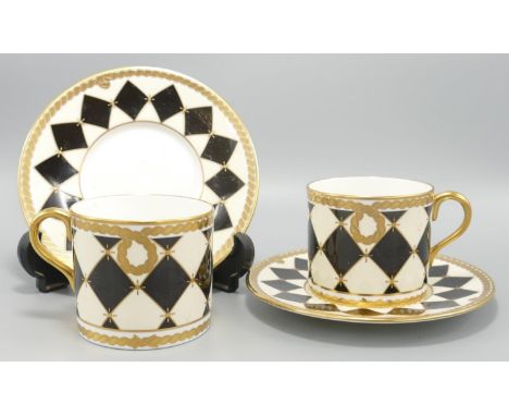 De Lamerie Fine Bone China heavily gilded Black Checker patterned Coffee Cans &amp; Saucers , specially made high end quality
