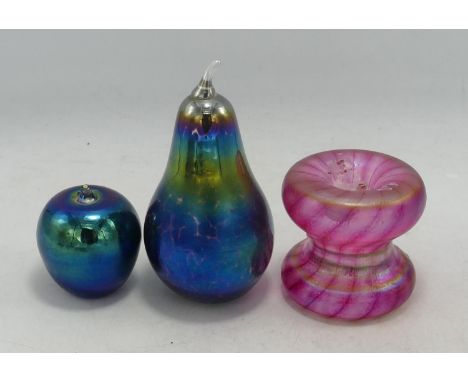 Three John Ditchfield Studio Glass items including iridescent pear, apple &amp; candlestick, tallest 11cm (3)
