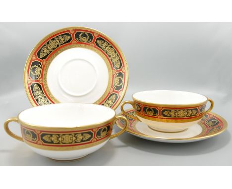De Lamerie Fine Bone China heavily gilded Empire patterned Handled Soup Bowls &amp; Saucers, specially made high end quality 