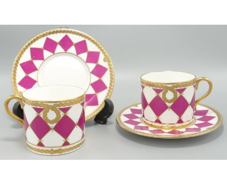 De Lamerie Fine Bone China heavily gilded Magenta Checker patterned Coffee Cups &amp; Saucers , specially made high end quali