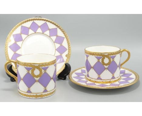 De Lamerie Fine Bone China heavily gilded Purple Checker patterned Coffee Cups &amp; Saucers , specially made high end qualit