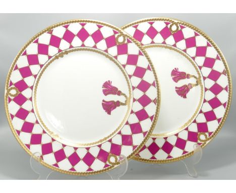 De Lamerie Fine Bone China heavily gilded Magenta Checker patterned Dinner Plates, specially made high end quality item, Made
