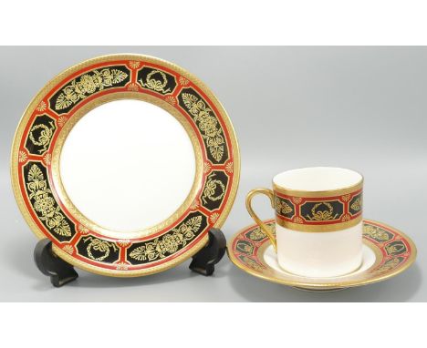 De Lamerie Fine Bone China heavily gilded Empire patterned Coffee Can Trio, specially made high end quality item, Made in Eng