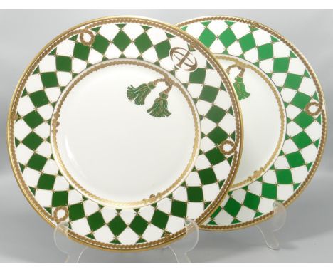 De Lamerie Fine Bone China heavily gilded Emerald Green Checker patterned Dinner Plates, specially made high end quality item