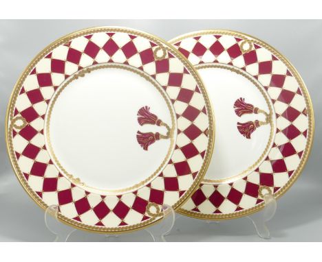 De Lamerie Fine Bone China heavily gilded Burgundy Checker patterned Dinner Plates, specially made high end quality item, Mad
