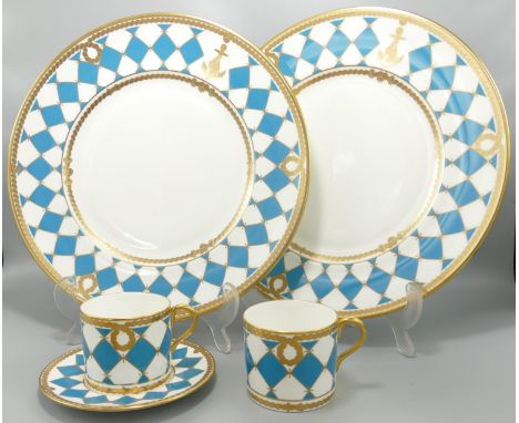 De Lamerie Fine Bone China heavily gilded Turquoise Checker patterned Dinner Plates, Coffee Cans &amp; Saucer, specially made
