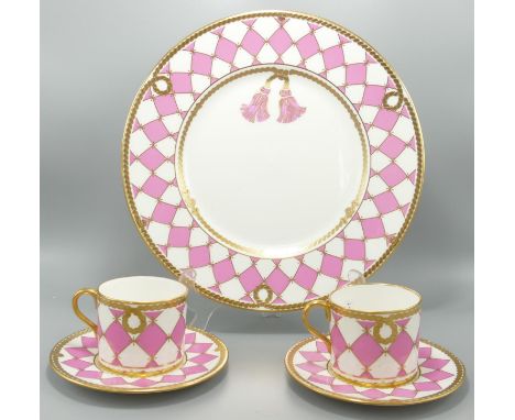 De Lamerie Fine Bone China heavily gilded Pink Checker patterned Dinner Plates &amp; Coffee Cans &amp; Saucers, specially mad