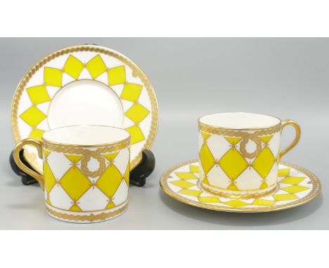 De Lamerie Fine Bone China heavily gilded Lemon Yellow Checker patterned Coffee Cans &amp; Saucers, specially made high end q