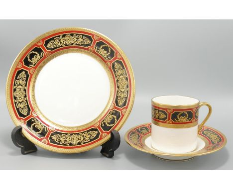 De Lamerie Fine Bone China heavily gilded Empire patterned Coffee Can Trio, specially made high end quality item, Made in Eng